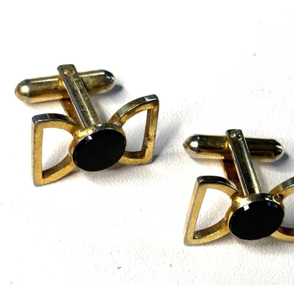 Gold-Tone & Black Round Cufflinks With Bow Detail
